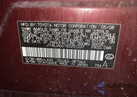 2008 Lexus Es 350 from USA, damaged, VIN JTHBJ46G182251237